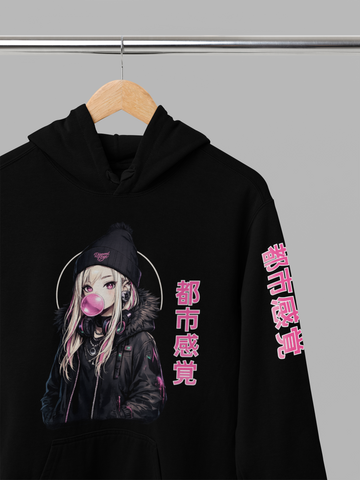 Bubble Gum Anime Girl Hoodie - Black (Front Design & Sleeve)